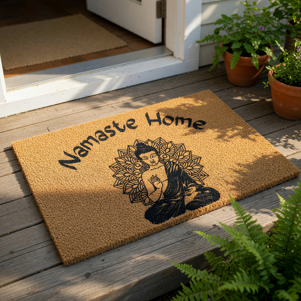 Namaste Home coir doormat featuring a black ink illustration of a meditating figure in front of a detailed mandala design, perfect for a zen entryway, yoga studio decor, or a natural fiber outdoor welcome mat for your front porch.