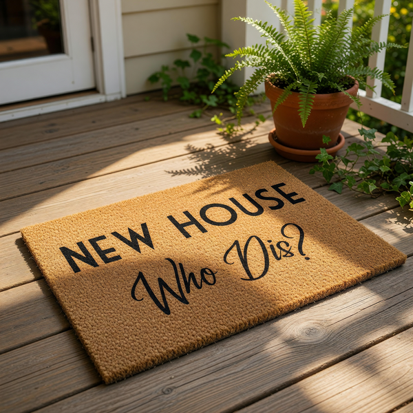New House Who Dis funny doormat made of natural coir fiber, featuring bold black text on a textured brown background for a humorous front porch welcome mat that makes a great housewarming gift for new homeowners and apartment