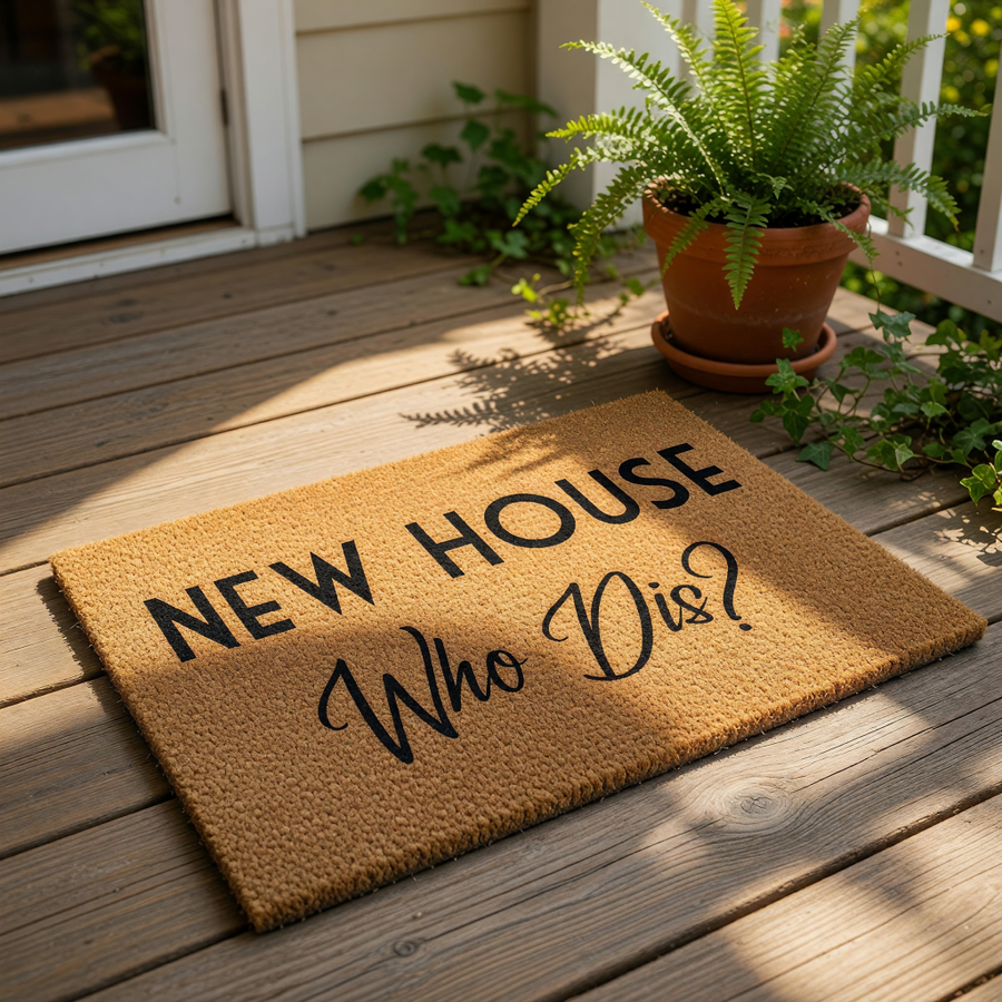 New House Who Dis funny doormat made of natural coir fiber, featuring bold black text on a textured brown background for a humorous front porch welcome mat that makes a great housewarming gift for new homeowners and apartment