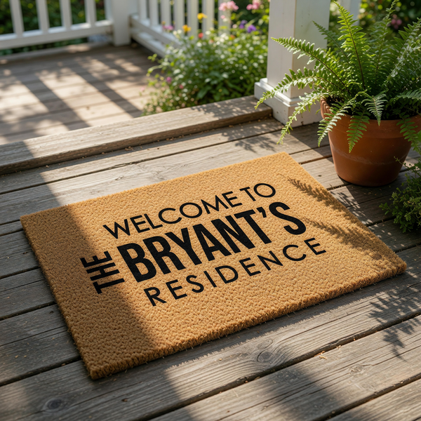 Personalized family name welcome doormat featuring a natural coir fiber texture with bold black text that reads Welcome to the Bryant's Residence, making this custom outdoor floor mat a stylish housewarming entry decor piece.