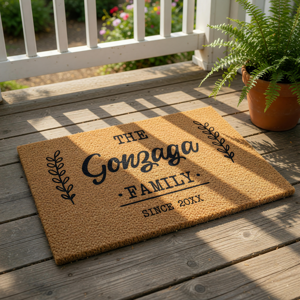 Personalized family name doormat featuring a natural coir fiber texture, custom last name text, and decorative leaf branch accents, making this custom welcome mat a durable outdoor entrance rug for a new home or housewarming gift.