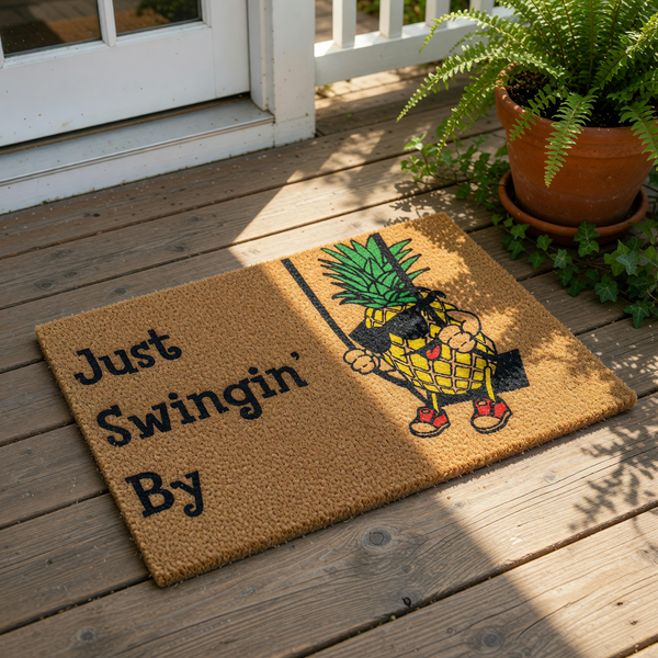 Pineapple doormat with a funny cartoon fruit character wearing sunglasses on a swing, featuring the text Just Swingin By on a natural coir fiber welcome mat for a fun front porch entry decor and housewarming entrance floor rug.