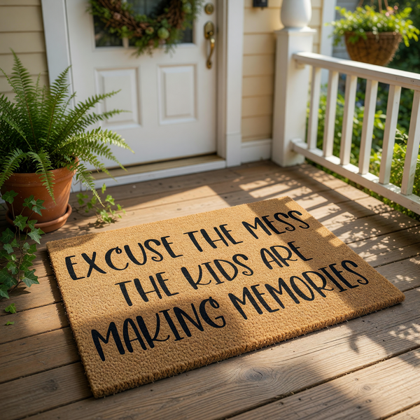 Excuse the mess the kids are making memories doormat, a natural coir fiber welcome mat with black text for a funny front porch decor piece that serves as a durable outdoor floor rug for families and homes with children.