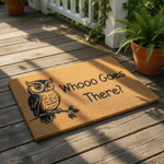 Owl welcome doormat featuring a cute bird illustration and the text Whooo Goes There, this natural coir fiber entry mat is a funny outdoor rug for your front porch or home entrance that adds a whimsical touch to your house decor.