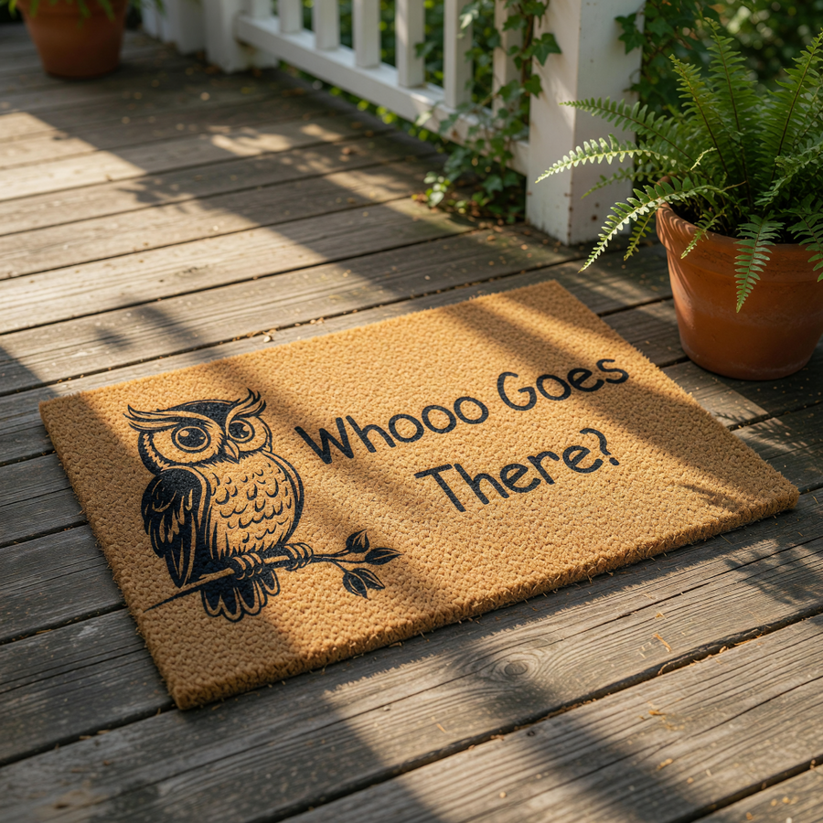 Owl welcome doormat featuring a cute bird illustration and the text Whooo Goes There, this natural coir fiber entry mat is a funny outdoor rug for your front porch or home entrance that adds a whimsical touch to your house decor.