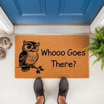 Owl welcome doormat with Whooo Goes There text, a natural coir fiber outdoor rug for front porch decor, featuring a cute black owl illustration on a rustic brown mat that adds a fun touch to your home entryway and house entrance.