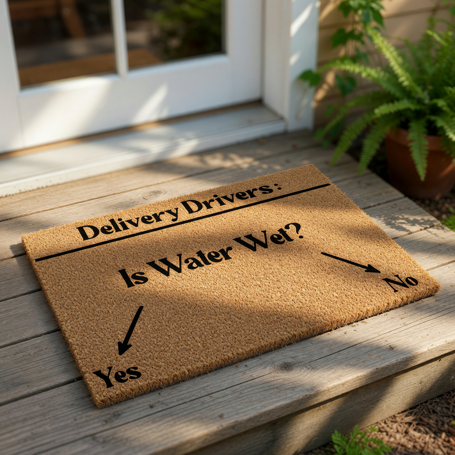 Funny delivery driver doormat featuring a humorous quiz for couriers, this natural coir fiber welcome mat has a bold text design asking if water is wet with arrows pointing to yes and no options for a unique front porch decor