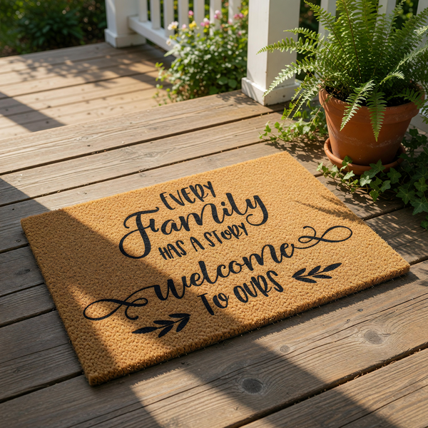 Every Family Has A Story Welcome To Ours doormat, a natural coir fiber welcome mat for front porch entryways featuring black script typography and decorative leaf accents for a farmhouse home decor look that greets house guests.