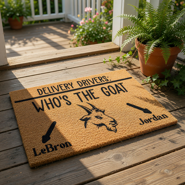 Funny basketball fan doormat featuring a goat illustration and text asking delivery drivers to choose between two famous players, printed on a natural coir fiber welcome mat for a sports themed front porch or home entryway decor.