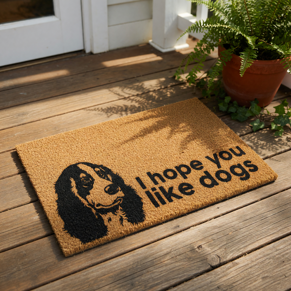 Cocker Spaniel doormat with a funny I hope you like dogs message, featuring a black and tan dog illustration on a natural coir fiber welcome mat for your front porch, entryway, or home decor for any dog lover and pet owner.