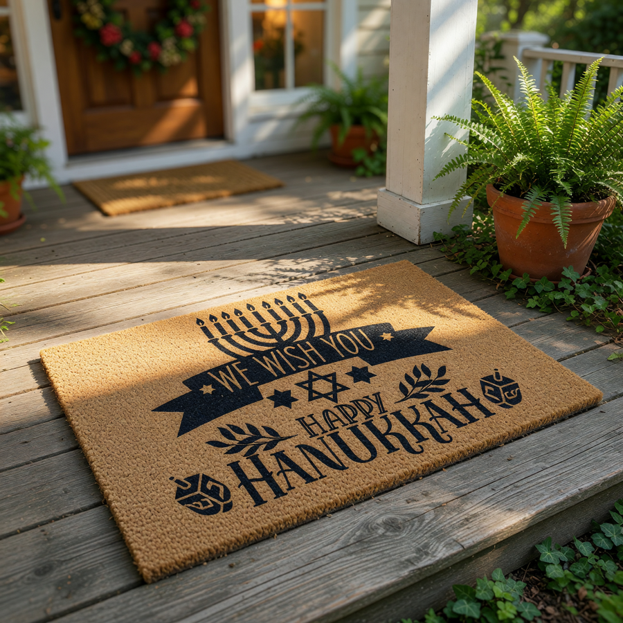 Hanukkah welcome doormat featuring a black menorah, star of David, and dreidel design on a natural coir fiber mat, perfect for holiday home decor and festive entryway floor mats during the winter season for a warm seasonal
