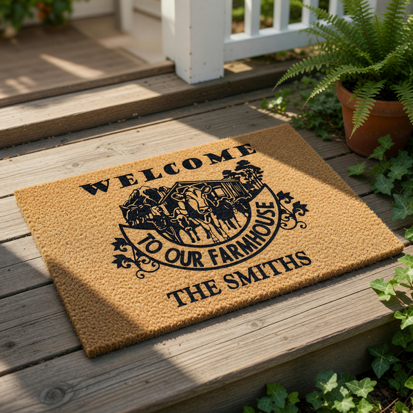 Farmhouse welcome doormat with cow design, featuring a natural coir fiber texture and black printed text that says Welcome To Our Farmhouse, making a personalized outdoor entry rug for a rustic home or country porch decor style.