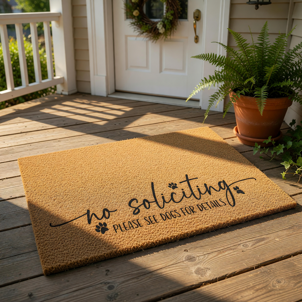 No soliciting doormat with funny dog theme, featuring black text and paw prints on a natural coir fiber welcome mat, perfect for front porch decor to keep visitors away with a humorous message about your pets at home.