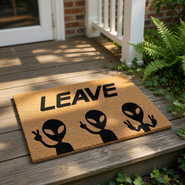 Funny alien doormat with the word LEAVE printed in bold black text above three extraterrestrial figures making hand gestures, this natural coir fiber welcome mat is a humorous outdoor floor rug for sci-fi fans and home entryways.