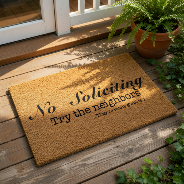 No Soliciting doormat with funny Try the neighbors text, a natural coir fiber welcome mat for front porch decor that features a humorous message to keep away unwanted visitors and solicitors from your home entrance.