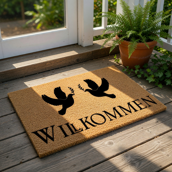 Dove welcome doormat featuring two black birds holding olive branches on a natural coir fiber mat, this durable outdoor welcome mat with German text is a stylish entryway floor rug for your home porch or front door decor.