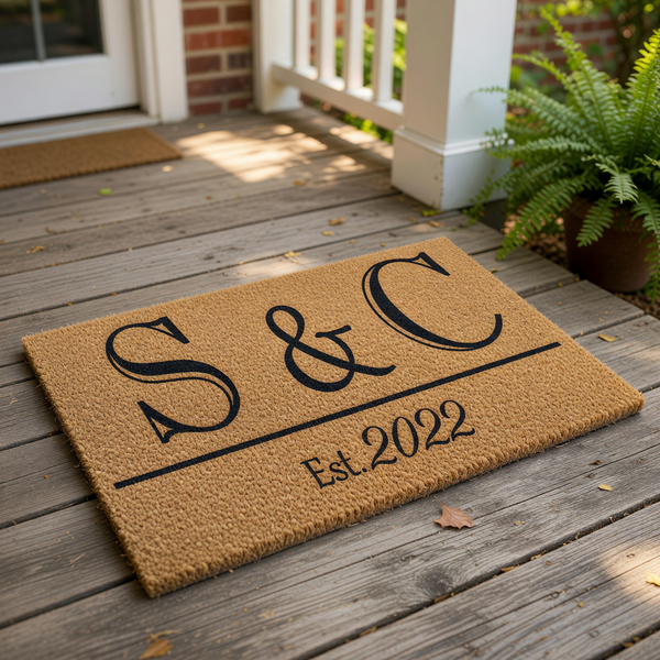 Personalized coir doormat featuring custom initials and established year, this durable outdoor welcome mat is a stylish housewarming decor piece for your front porch, entryway, or home entrance with a classic monogram design.