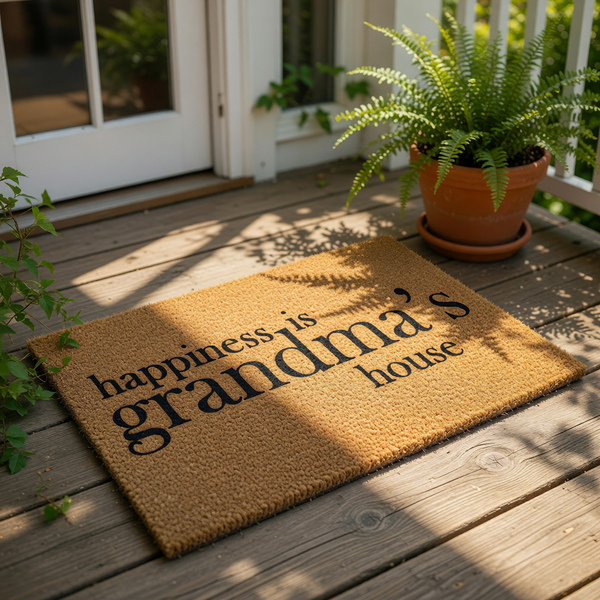 Grandma's house doormat featuring natural coir fiber with black text that reads happiness is grandma's house, a durable outdoor welcome mat for the front porch that makes a thoughtful home decor item for a beloved grandmother.