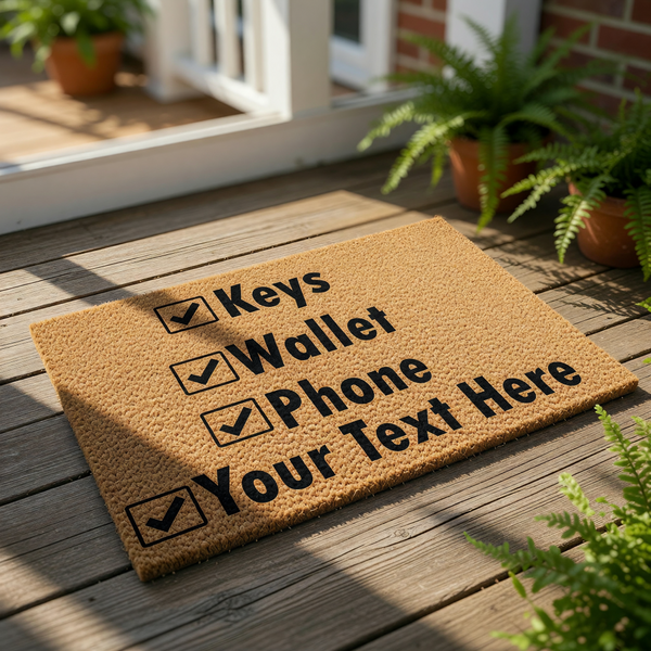 Personalized checklist doormat featuring a natural coir fiber texture with black text that reads Keys, Wallet, Phone, and Your Text Here, making this custom welcome mat a funny and functional entryway rug for your home or