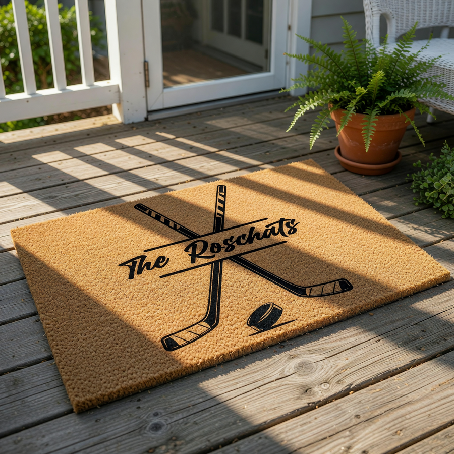 Personalized hockey doormat featuring crossed sticks and a puck design on natural coir fiber, this custom family name welcome mat is a durable outdoor floor rug for sports fans and hockey players looking for home entrance decor.