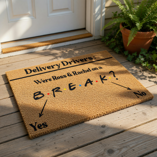 Funny doormat for delivery drivers featuring a pop culture trivia question about a famous television couple on a break, printed on a natural coir fiber welcome mat with a durable non-slip backing for your front porch or entryway
