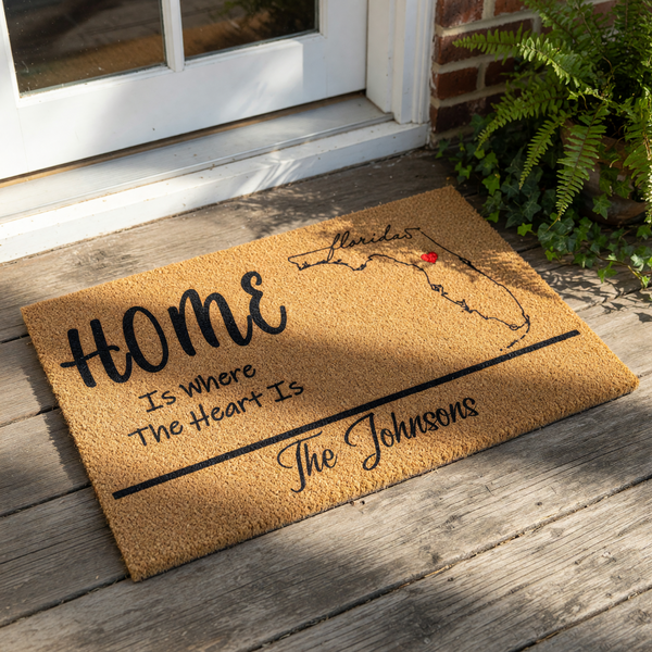 Personalized Florida state welcome doormat featuring a natural coir fiber texture, custom family name text, and a heart icon on the map, making this custom outdoor floor mat a stylish housewarming entry rug for any front porch.