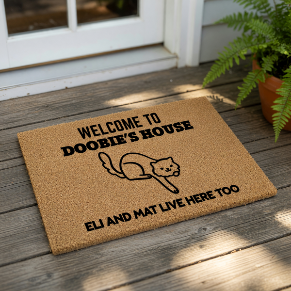 Cat welcome doormat featuring a cute feline illustration and funny text on natural coir fiber, this personalized pet lover entry rug is a durable outdoor floor mat for cat owners who want a humorous home decor entrance accessory.