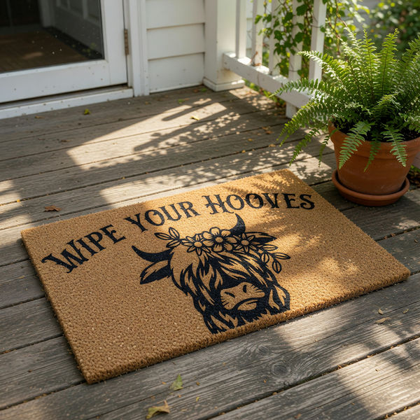 Highland Cow doormat with Wipe Your Hooves text, a natural coir fiber welcome mat featuring a cute floral cow design for farmhouse porch decor, perfect as a funny animal entry rug for your home entrance or front door step.