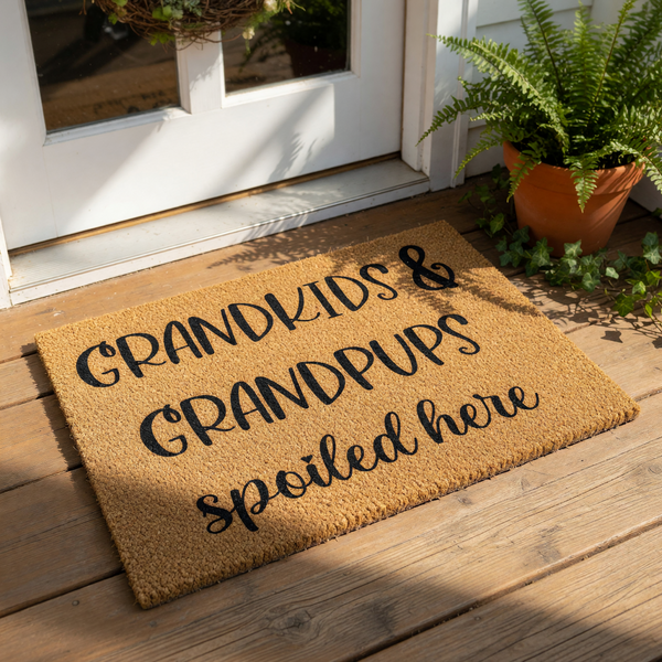 Grandkids and Grandpups Spoiled Here coir doormat, a natural fiber welcome mat for grandparents featuring black text that celebrates family and pets, perfect for a front porch entry or a housewarming decor addition for any home.