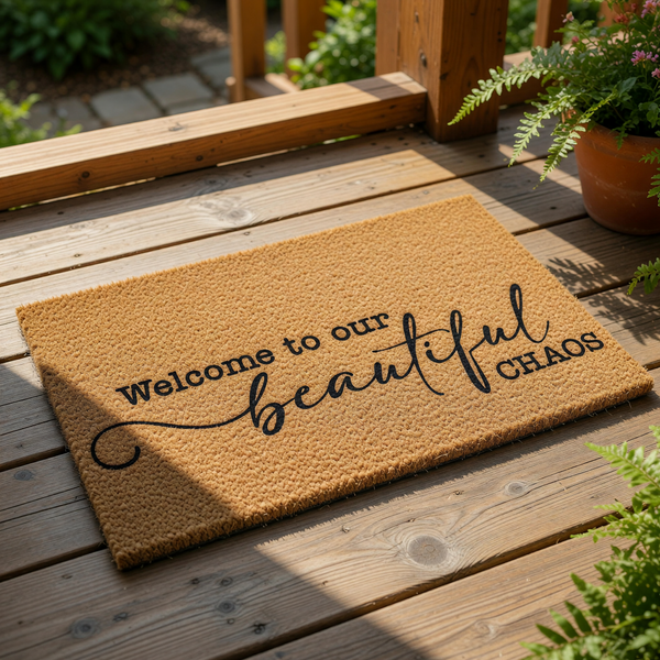 Welcome to our beautiful chaos doormat made of natural coir fiber, featuring a funny front porch welcome mat design with black typography that adds a stylish and humorous touch to your home entryway decor and outdoor floor mat.
