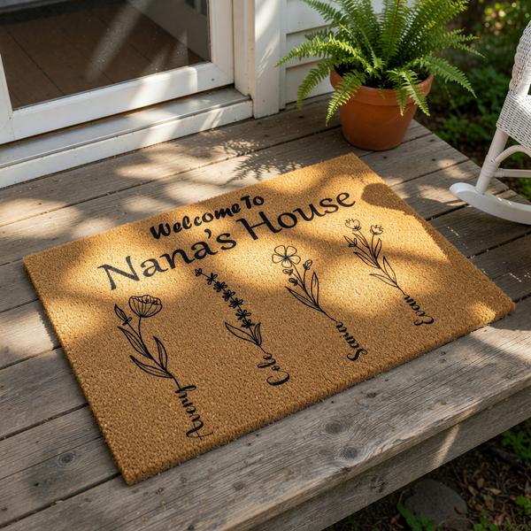 Personalized Nana House Doormat featuring a natural coir welcome mat design with floral stems and custom names, making a charming front porch rug for a grandmother who loves flowers and family decor for her home entrance.