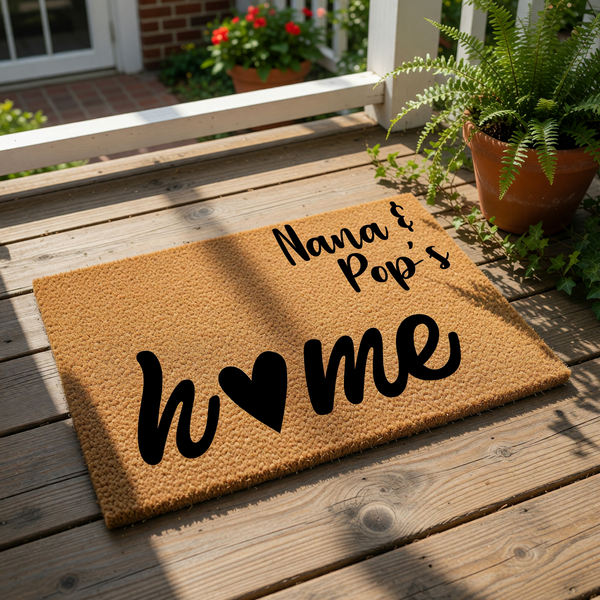 Personalized Nana and Pop's home doormat featuring a natural coir fiber texture with black script text and a heart icon, making a custom welcome mat for grandparents to place at their front door entrance for a cozy house look.