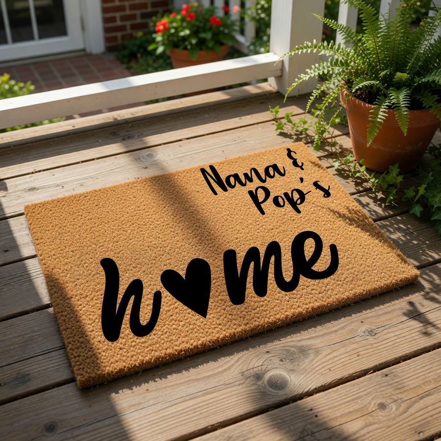 Personalized Nana and Pop's home doormat featuring a natural coir fiber texture with black script text and a heart icon, making a custom welcome mat for grandparents to place at their front door entrance for a cozy house look.