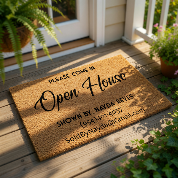 Personalized Open House doormat for real estate agents, featuring a durable coir welcome mat design with custom contact information for property showings, perfect for front porch curb appeal and professional real estate marketing