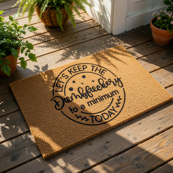 Funny doormat with the text Let's keep the dumbfuckery to a minimum today, featuring a circular design on a natural coir fiber welcome mat.