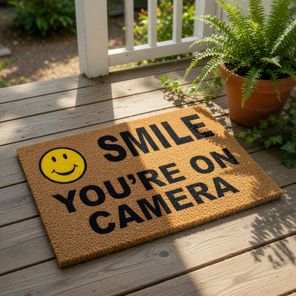 Smile You Are On Camera doormat featuring a yellow smiley face icon on natural coir fiber, this funny outdoor welcome mat serves as a humorous security sign for your front porch entry, home decor, or apartment door entrance.