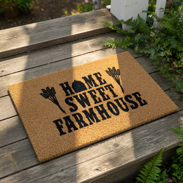 Home Sweet Farmhouse coir doormat with black text and wheat stalks, featuring a rustic welcome mat design for front porch entryways, perfect for farmhouse home decor, housewarming entry rugs, and outdoor floor mats for new