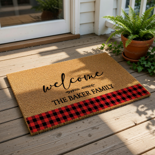 Personalized family name welcome doormat featuring a natural coir fiber texture, black script text, and a festive red and black buffalo plaid border design for a rustic farmhouse porch entrance or home decor entryway floor mat.