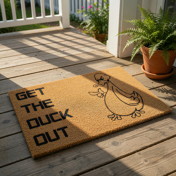 Funny Get The Duck Out doormat featuring a grumpy cartoon duck illustration on a natural coir welcome mat, perfect for a humorous front porch entrance or a quirky housewarming gift for friends who love funny home decor and animal