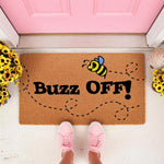Funny bee doormat with Buzz Off text and a cute bumblebee illustration on natural coir fiber, perfect for a front porch welcome mat or outdoor entryway decor that adds a humorous touch to your home entrance and doorstep.