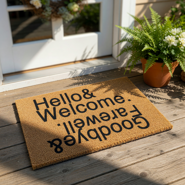 Funny welcome doormat with Hello and Welcome printed right side up and Goodbye and Farewell printed upside down, creating a clever double-sided entry rug for your front porch, home entrance, or apartment door decor.