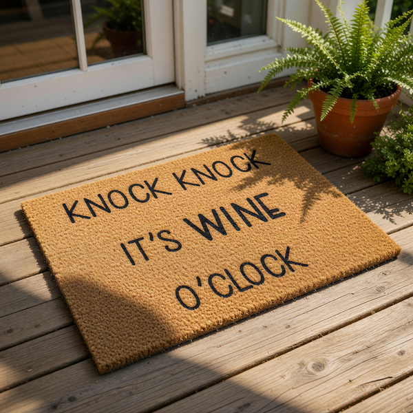 Knock Knock It's Wine O'Clock funny doormat for front porch entry, featuring bold black text on a natural coir fiber welcome mat, perfect for wine lovers looking for a humorous outdoor floor mat or housewarming entryway decor.