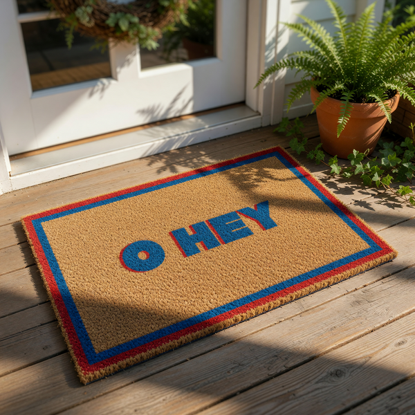 Oh Hey welcome doormat with a natural coir fiber texture, featuring bold blue and red text and a matching border design for a fun front porch entry rug that serves as a stylish housewarming decor piece for your home entrance.