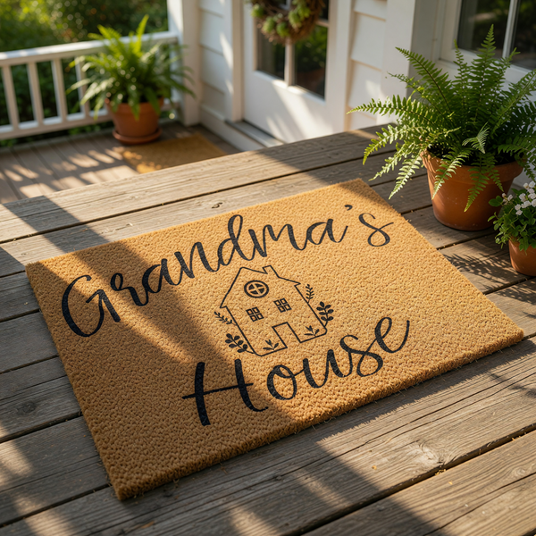 Grandma's House coir doormat featuring a charming farmhouse illustration, this natural fiber welcome mat is a durable outdoor floor rug for the front porch, entryway, or patio, perfect for a cozy home decor entrance.