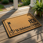 Personalized address doormat featuring a vintage key icon and custom house number text on natural coir fiber, this durable outdoor welcome mat is a stylish housewarming entry rug for your front porch or home entryway decor.