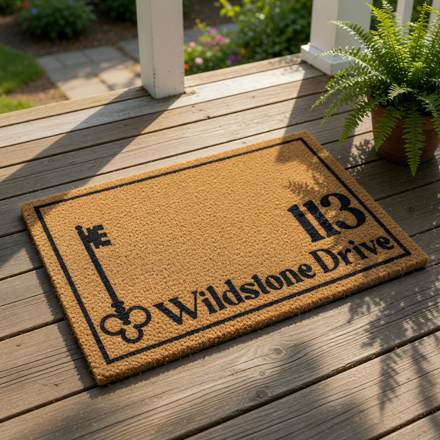 Personalized address doormat featuring a vintage key icon and custom house number text on natural coir fiber, this durable outdoor welcome mat is a stylish housewarming entry rug for your front porch or home entryway decor.