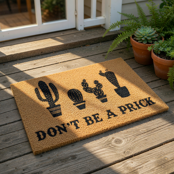 Funny cactus doormat with a natural coir texture featuring four black potted succulent designs and the bold text Don't Be A Prick, making this a humorous welcome mat for your front porch or entryway decor with a desert plant