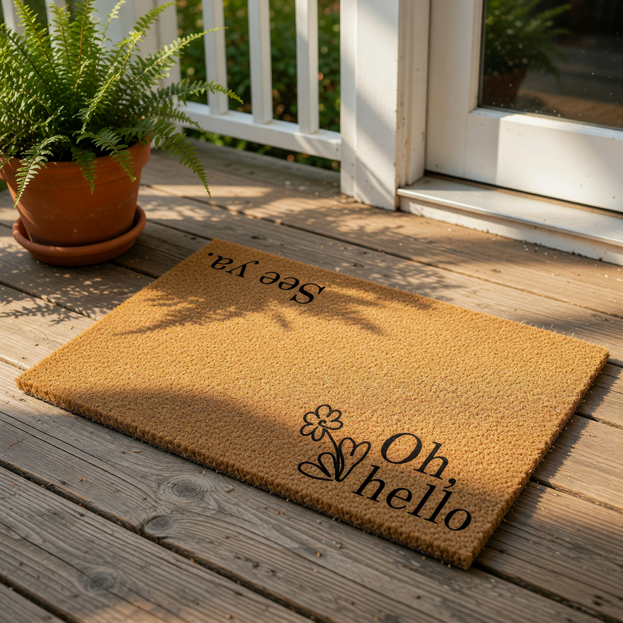 Oh hello see ya doormat with a floral design, this natural coir fiber welcome mat features black text and a flower graphic for a stylish front porch entry, making it a fun and functional outdoor floor rug for your home entrance