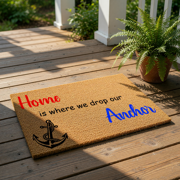 Nautical anchor doormat for front porch entryways, featuring a natural coir welcome mat with the text Home is where we drop our Anchor, perfect for coastal home decor, beach house entry, or a unique housewarming gift for boat