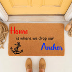 Nautical anchor welcome doormat featuring a natural coir fiber texture with a printed home quote and anchor graphic, perfect for a beach house or coastal front porch decor entryway mat for a stylish home entrance and outdoor
